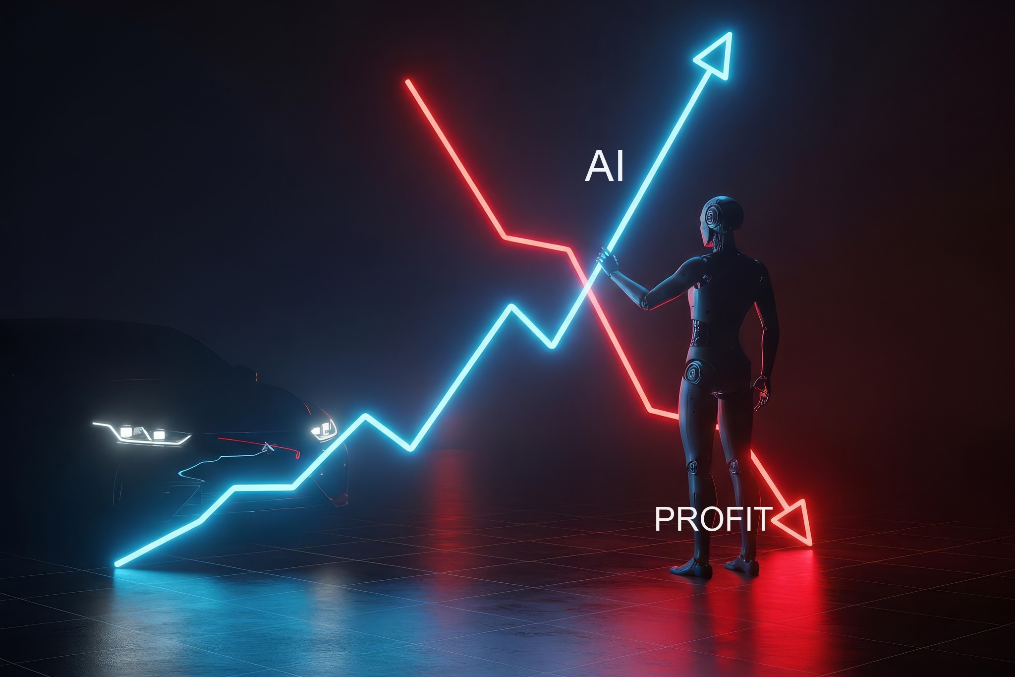 AI investment rising while profit falls: a humanoid robot holds a rising blue line while a red line falls, an electric car in the shadows